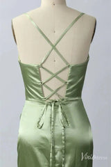 Light Green Satin Prom Dresses with Slit Cowl Neck Spaghetti Strap FD1635