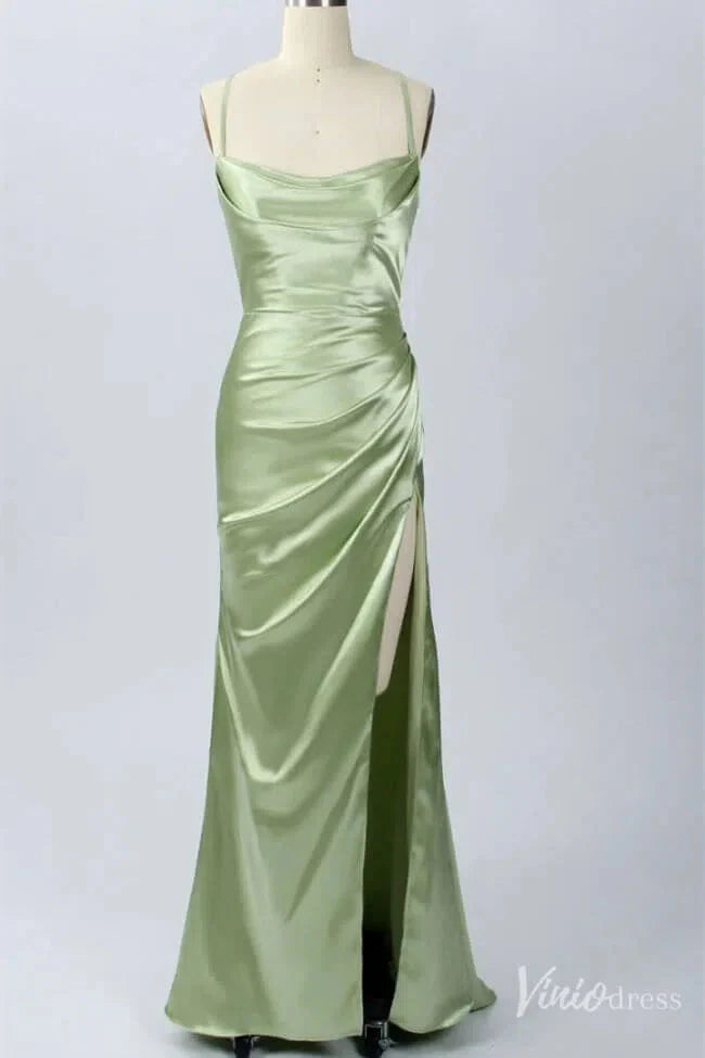 Light Green Satin Prom Dresses with Slit Cowl Neck Spaghetti Strap FD1635