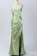 Light Green Satin Prom Dresses with Slit Cowl Neck Spaghetti Strap FD1635