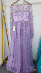 Lilac 3D Flower Lace Prom Dresses with Puffy Long Sleeves and Slit FD1726