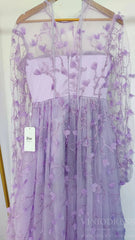 Lilac 3D Flower Lace Prom Dresses with Puffy Long Sleeves and Slit FD1726