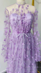 Lilac 3D Flower Lace Prom Dresses with Puffy Long Sleeves and Slit FD1726