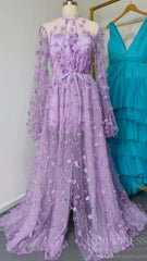 Lilac 3D Flower Lace Prom Dresses with Puffy Long Sleeves and Slit FD1726
