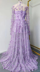 Lilac 3D Flower Lace Prom Dresses with Puffy Long Sleeves and Slit FD1726