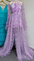 Lilac 3D Flower Lace Prom Dresses with Puffy Long Sleeves and Slit FD1726