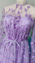 Lilac 3D Flower Lace Prom Dresses with Puffy Long Sleeves and Slit FD1726