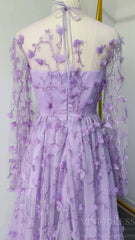 Lilac 3D Flower Lace Prom Dresses with Puffy Long Sleeves and Slit FD1726