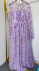 Lilac 3D Flower Lace Prom Dresses with Puffy Long Sleeves and Slit FD1726
