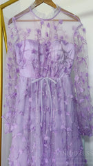 Lilac 3D Flower Lace Prom Dresses with Puffy Long Sleeves and Slit FD1726