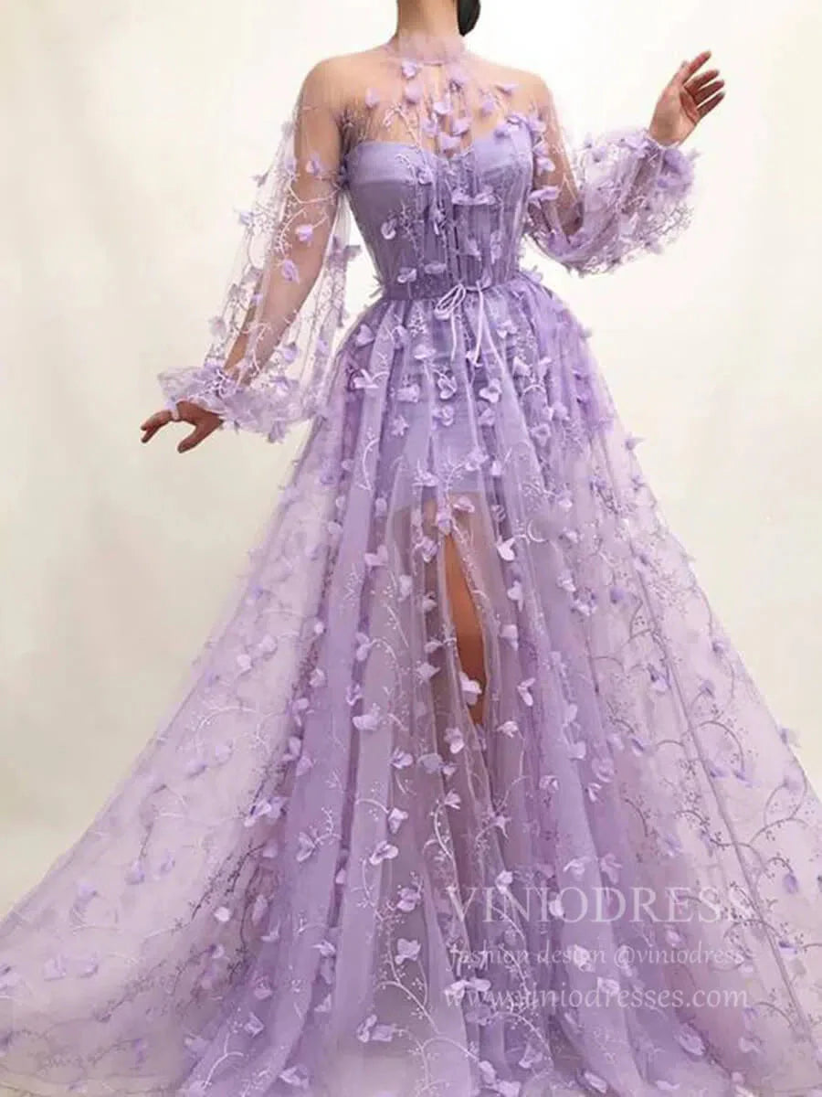 Lilac 3D Flower Lace Prom Dresses with Puffy Long Sleeves and Slit FD1726
