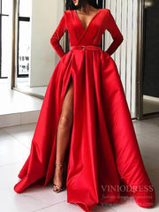 Long Sleeve Black Satin Prom Dresses with Pockets Red Formal Dress FD1595