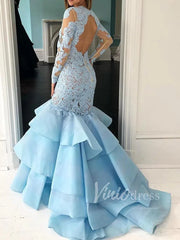 Long Sleeve Mermaid Prom Dresses Light Blue Lace Pageant Dress FD1559
