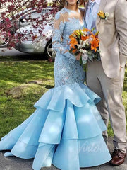 Long Sleeve Mermaid Prom Dresses Light Blue Lace Pageant Dress FD1559