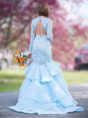 Long Sleeve Mermaid Prom Dresses Light Blue Lace Pageant Dress FD1559