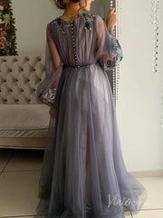 Long Sleeve Pink Prom Dresses Embroidered Engagement Party Dress FD1654