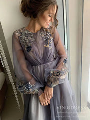 Long Sleeve Pink Prom Dresses Embroidered Engagement Party Dress FD1654