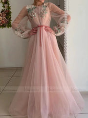 Long Sleeve Pink Prom Dresses Embroidered Engagement Party Dress FD1654