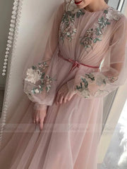 Long Sleeve Pink Prom Dresses Embroidered Engagement Party Dress FD1654