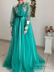 Long Sleeve Pink Prom Dresses Embroidered Engagement Party Dress FD1654