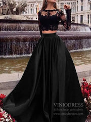 Long Sleeve Two Piece Lace Black Prom Dresses with Pockets FD1711