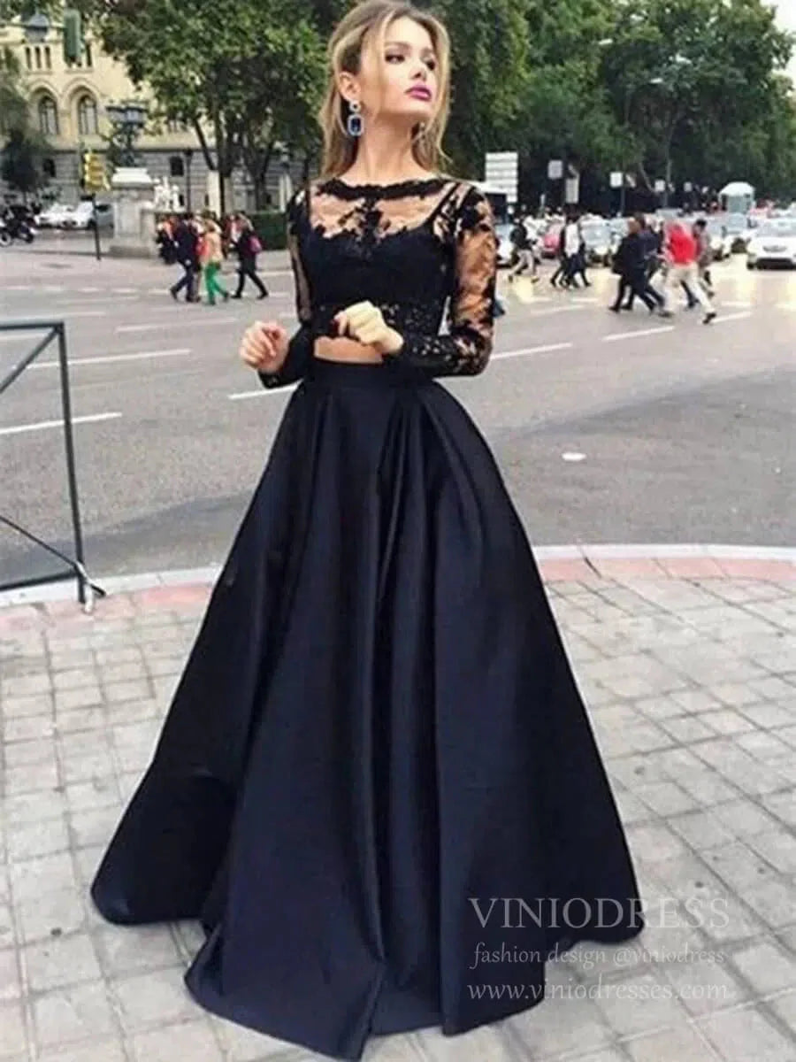 Long Sleeve Two Piece Lace Black Prom Dresses with Pockets FD1711