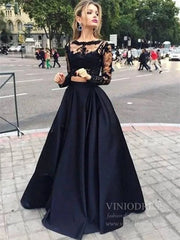 Long Sleeve Two Piece Lace Black Prom Dresses with Pockets FD1711