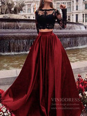 Long Sleeve Two Piece Lace Black Prom Dresses with Pockets FD1711