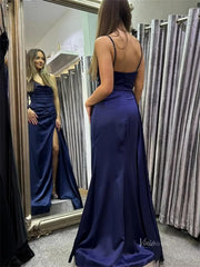 Navy Blue Satin Sheath Prom Dresses with Slit, Spaghetti Straps & Sweetheart Neckline - FD6003