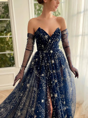 Navy Blue Starry Tulle Prom Dresses with Slit, Gloves & Sweetheart Neckline - TO0004