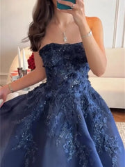 Navy Blue Strapless Satin Prom Dress with Lace & 3D Flowers - FD5280