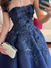 Navy Blue Strapless Satin Prom Dress with Lace & 3D Flowers - FD5280