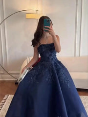 Navy Blue Strapless Satin Prom Dress with Lace & 3D Flowers - FD5280