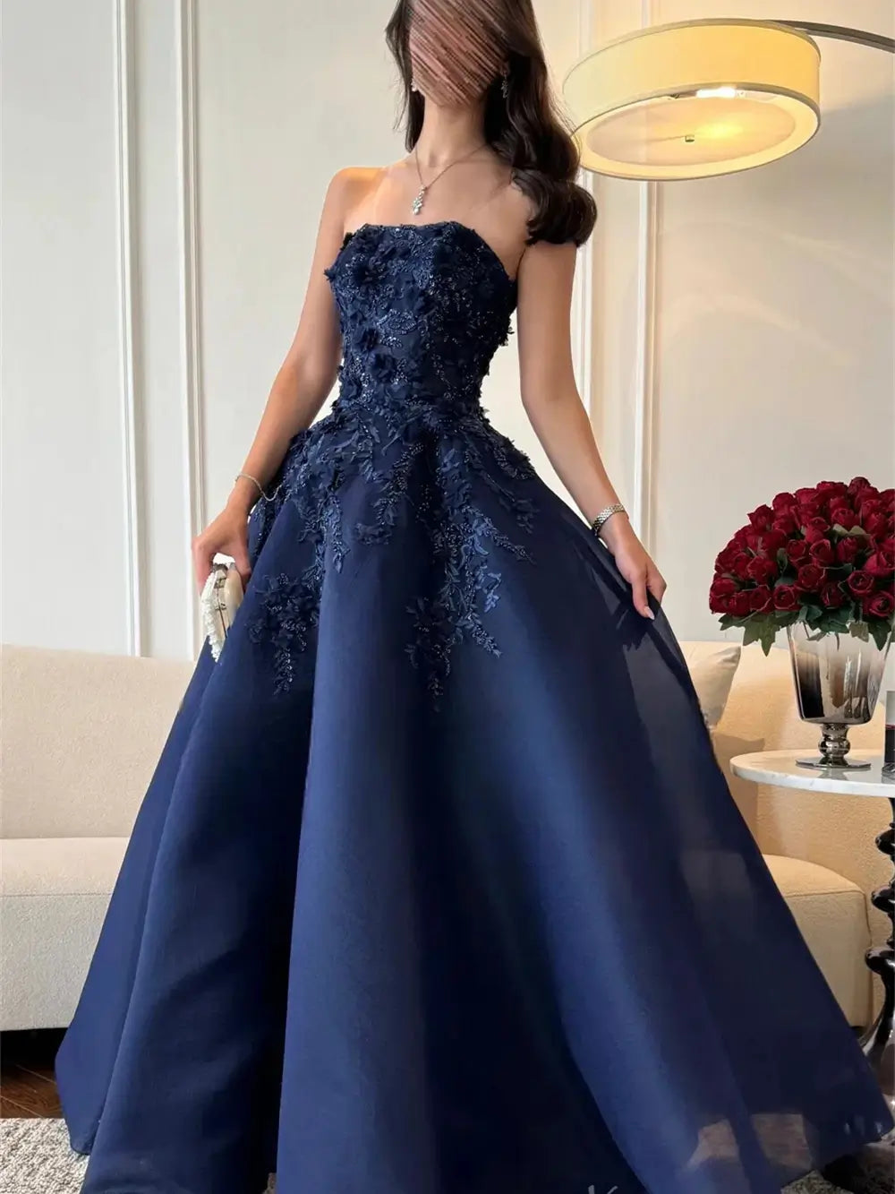 Navy Blue Strapless Satin Prom Dress with Lace & 3D Flowers - FD5280