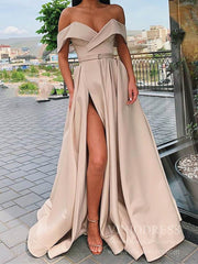 Off the Shoulder Lilac Satin Prom Dresses with Pockets FD1826