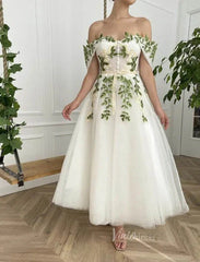 Off the Shoulder Midi Prom Dress Green Leaf Appliqued Prom Tea Length Dress FD1734