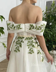 Off the Shoulder Midi Prom Dress Green Leaf Appliqued Prom Tea Length Dress FD1734