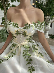 Off the Shoulder Midi Prom Dress Green Leaf Appliqued Prom Tea Length Dress FD1734