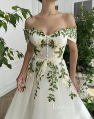 Off the Shoulder Midi Prom Dress Green Leaf Appliqued Prom Tea Length Dress FD1734