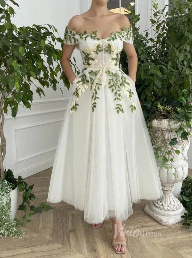 Off the Shoulder Midi Prom Dress Green Leaf Appliqued Prom Tea Length Dress FD1734