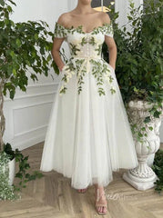 Off the Shoulder Midi Prom Dress Green Leaf Appliqued Prom Tea Length Dress FD1734