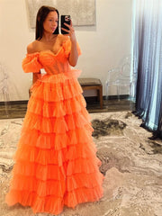 Orange Pleated Tulle Ruffled Prom Dresses with Slit & Puffed Sleeve - FD3747