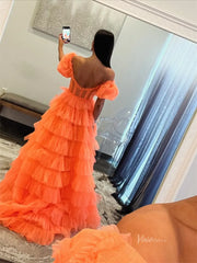 Orange Pleated Tulle Ruffled Prom Dresses with Slit & Puffed Sleeve - FD3747