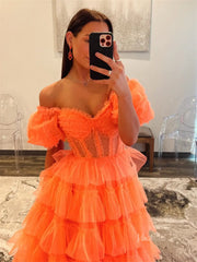 Orange Pleated Tulle Ruffled Prom Dresses with Slit & Puffed Sleeve - FD3747