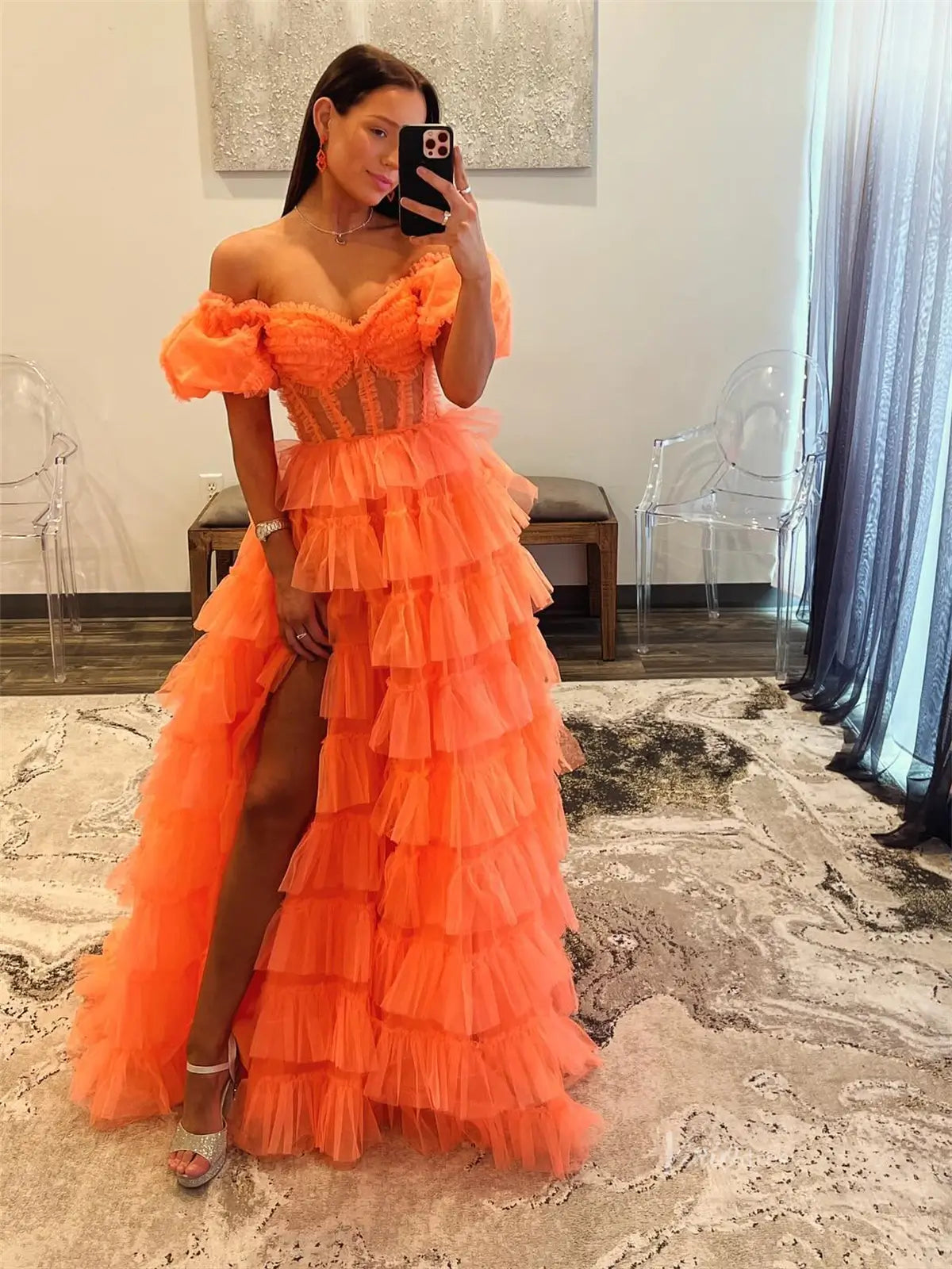 Orange Pleated Tulle Ruffled Prom Dresses with Slit & Puffed Sleeve - FD3747