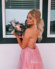 Pink Lace Appliqued Long Prom Dress with Slit Spaghetti Strap FD1739