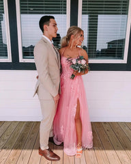 Pink Lace Appliqued Long Prom Dress with Slit Spaghetti Strap FD1739