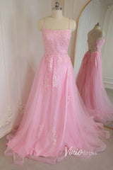 Pink Lace Appliqued Long Prom Dress with Slit Spaghetti Strap FD1739