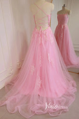 Pink Lace Appliqued Long Prom Dress with Slit Spaghetti Strap FD1739