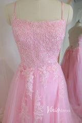 Pink Lace Appliqued Long Prom Dress with Slit Spaghetti Strap FD1739