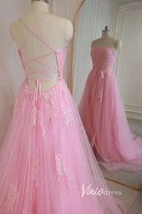 Pink Lace Appliqued Long Prom Dress with Slit Spaghetti Strap FD1739